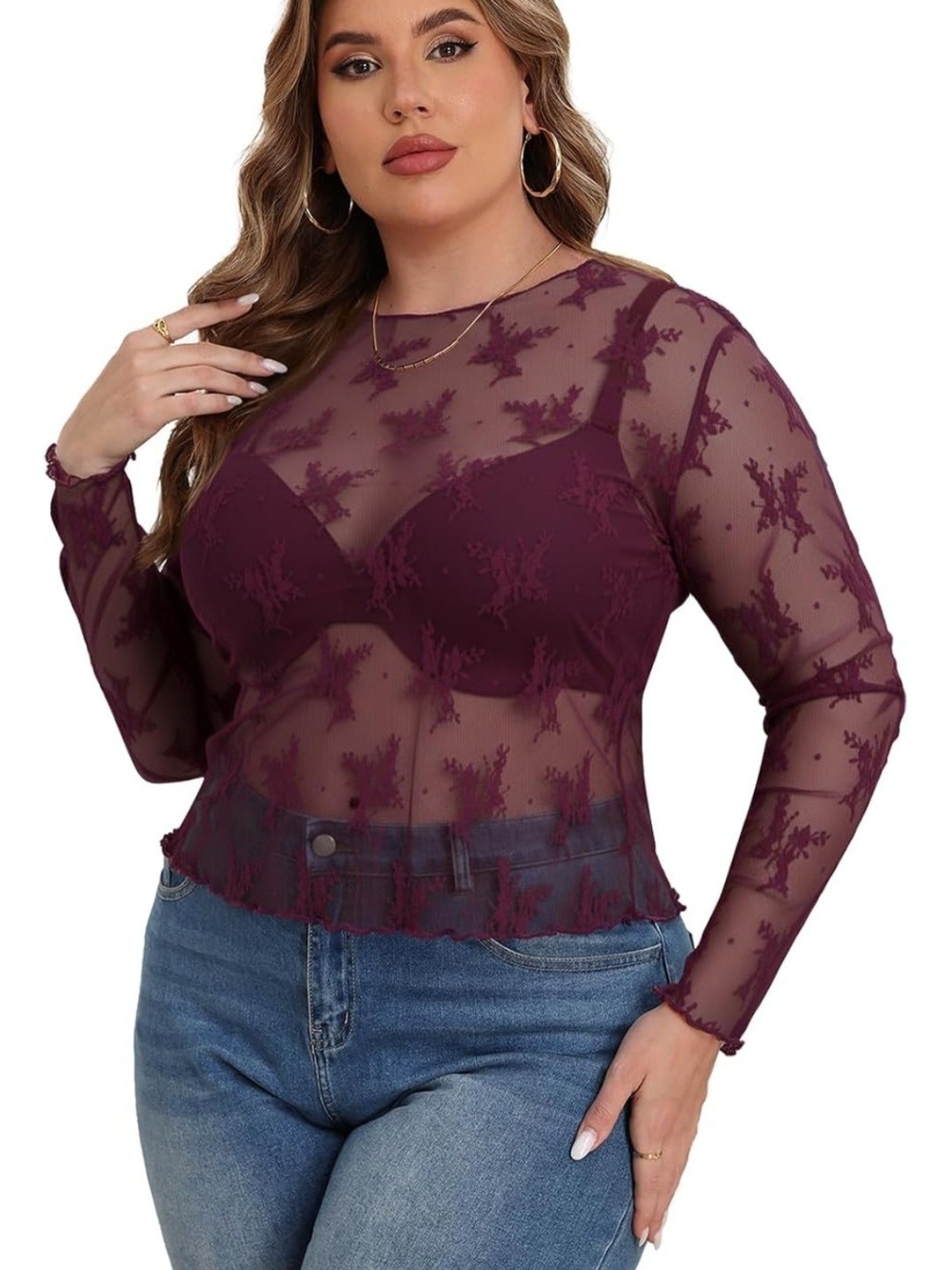 Plus Sheer Lace Long-Sleeve Top in Wine Red